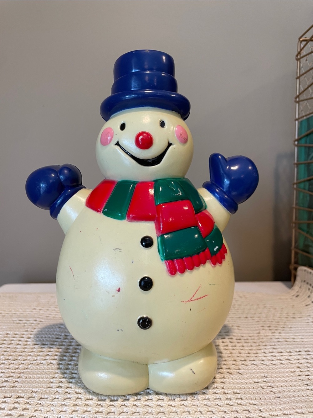 Cheerful plastic snowman with scarf holiday decor -vintage Christmas